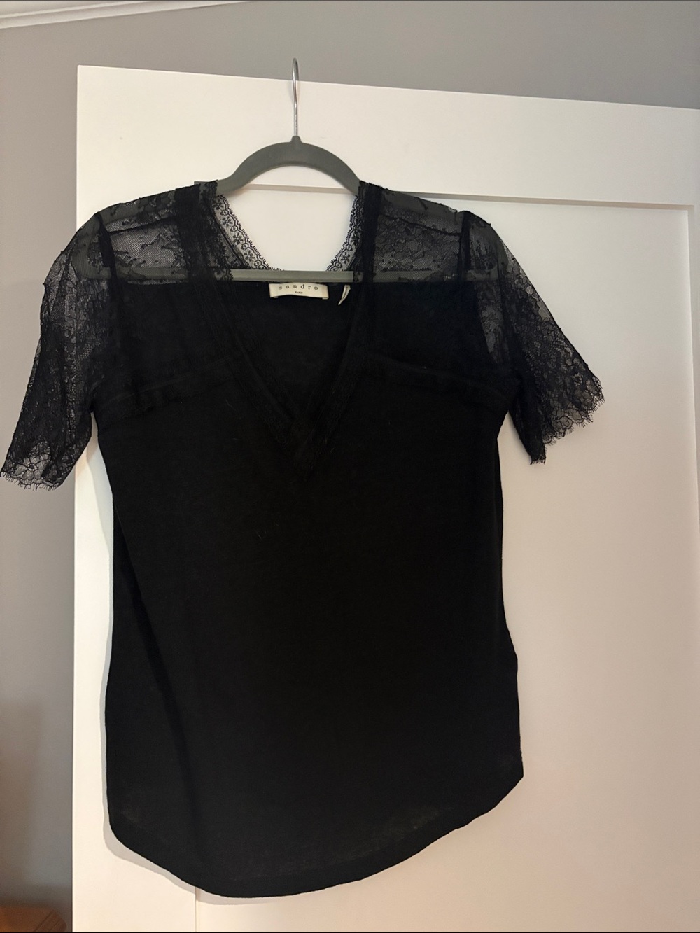 Sandro Black Lace V-Neck Short Sleeve Top